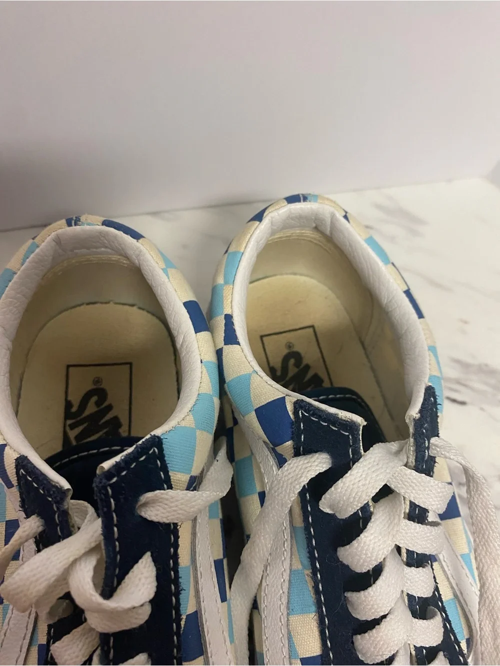 Vans Checkerboard Low Top Sneakers in Navy, Light Blue, White